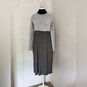 BELLAMIE Gray Navy Blue Striped Midi Dress pockets quarter-length sleeves